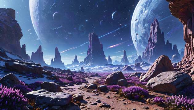 Paysage extraterrestre sous un ciel &eacute;toil&eacute;