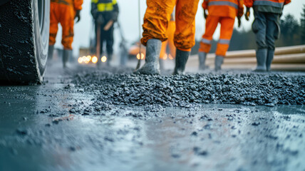 Obraz premium Construction workers pouring concrete on site, showcasing teamwork and dedication