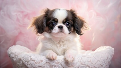 Adorable Japanese Chin Spaniel puppy with large dark eyes and fluffy white coat sitting on a soft pink cushion with delicate lace trim.