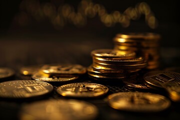 Hyper-realistic photograph of Bitcoin and gold coins, featuring a high-contrast, dark background with a blurry stock chart, showcasing high resolution and detailed textures.