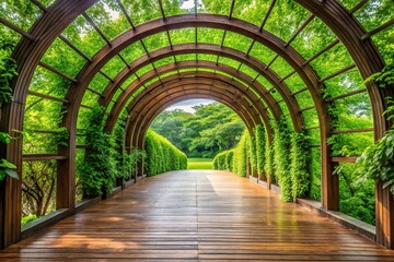Naklejka premium contemporary archway with wooden platform and green leaves