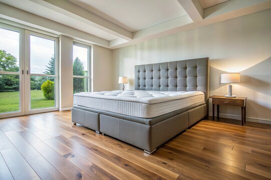 Contemporary bedroom with box spring bed Worm's Eye View