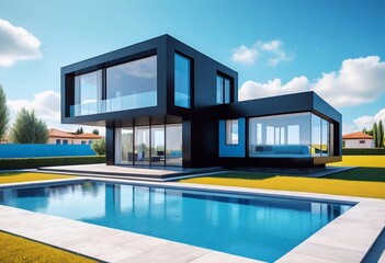 Fototapeta premium ultra realistic house with a swimming pool. AI generated illustration