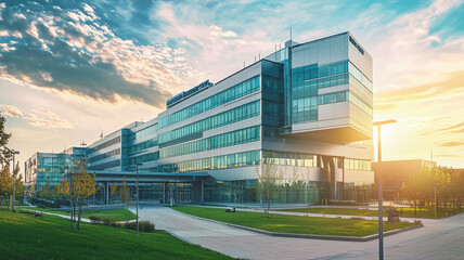 Fototapeta premium A modern university hospital building with research labs and beautiful landscaping