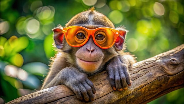 Adorable monkey wearing bright orange sunglasses and a cheeky grin, sitting on a tree branch, looking directly at the camera with mischief in its eyes.