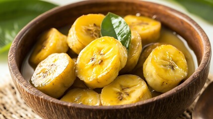 Close-up of caramelized banana slices in a wooden bowl.