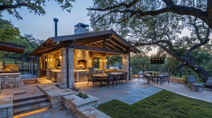 Fototapeta premium Outdoor Kitchen and Dining Area with Stone Patio and Fireplace