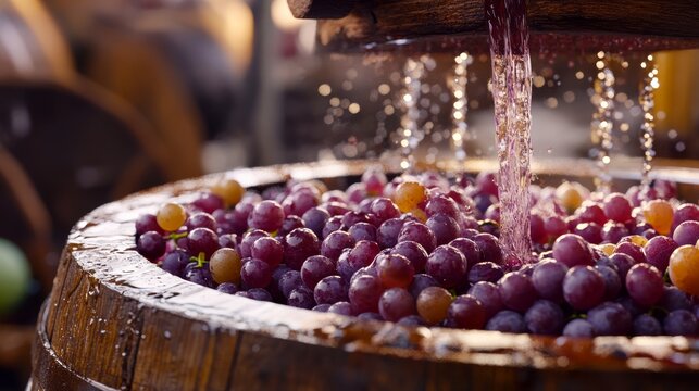 Grapes Being Crushed in Traditional Wine Press