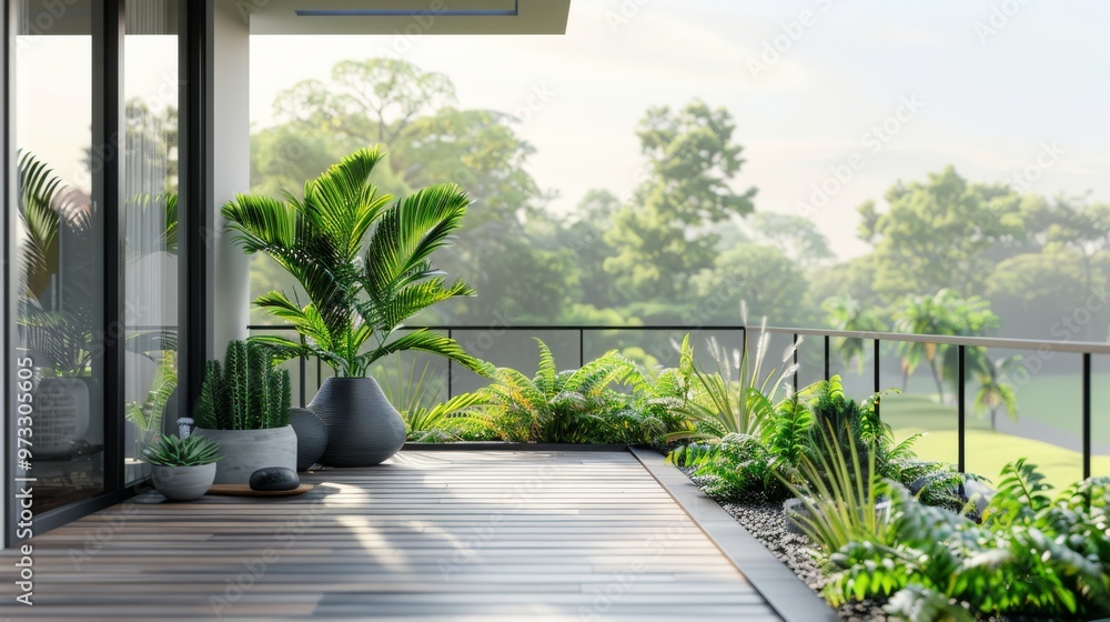 Aufkleber stylish balcony featuring a minimalist design with potted plants and a panoramic view of a green lan