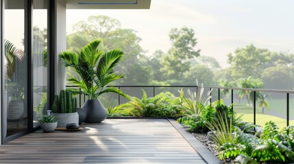 Stylish balcony featuring a minimalist design with potted plants and a panoramic view of a green landscape. Close-up photo with clean background