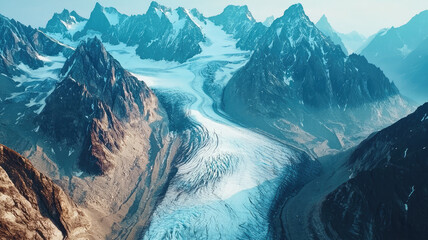 Fototapeta premium A breathtaking aerial view of mountain glacier winding through rugged peaks