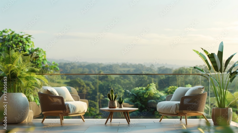 Poster stylish balcony featuring a minimalist design with potted plants and a panoramic view of a green lan