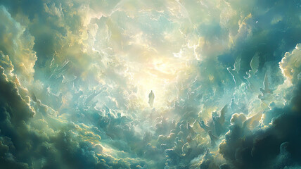 Fototapeta premium An ethereal image of God descending through clouds, radiating light and serenity