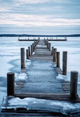 Wooden pier covered in ice on a frozen lake