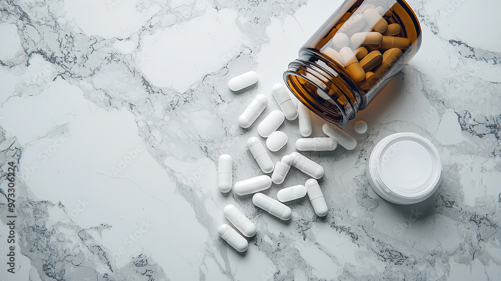 Poster pills scattered around an open pill bottle on marble surface, creating sense of disarray