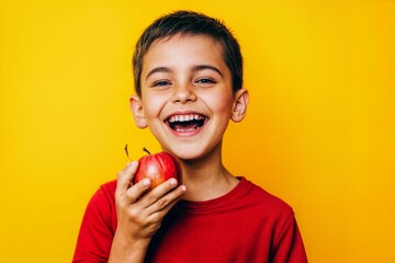 Happy boy with apple against yellow background