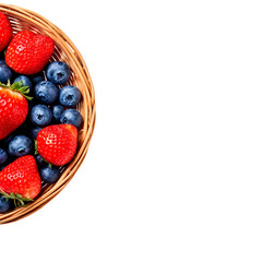 strawberries and blueberries in a basket isolated on a transparent  background 