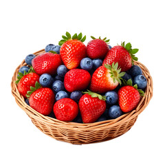 strawberries and blueberries in a basket isolated on a transparent  background 
