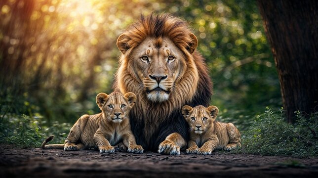 Majestic lion with cubs in the forest under sunlight.
