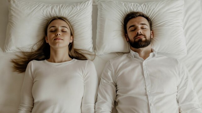 Young couple peacefully sleeping side by side in bed.