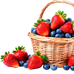 strawberries and blueberries in a basket isolated on a transparent  background 