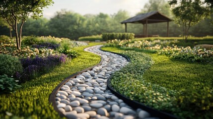 Elegant Rainwater Drainage System with Recycled Materials Flowing Through a Vibrant Garden