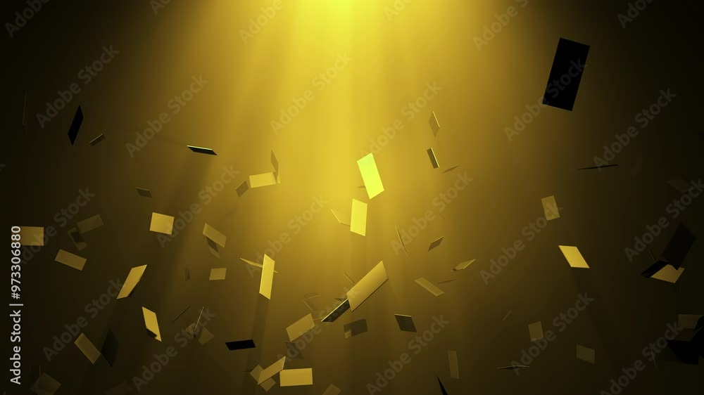 Sticker greeting cards falling from above in the rays of yellow light. abstract animation.
