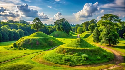 Obraz premium Ancient earthen mounds of Native American heritage rise from lush greenery in Ocmulgee National Monument, a historic site in Macon, Georgia, USA.