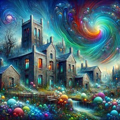 Naklejka premium A surreal landscape depicts a row of old buildings under a swirling sky filled with multicolored spheres. The scene blends fantasy elements with a dreamy, otherworldly atmosphere. (Gen, A.I.)