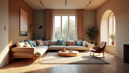 Cozy modern living room with large sectional sofa and floor-to-ceiling windows