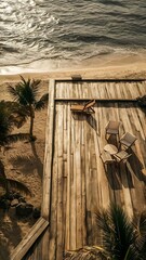 Naklejka premium Wood terrace on the beach and sun light