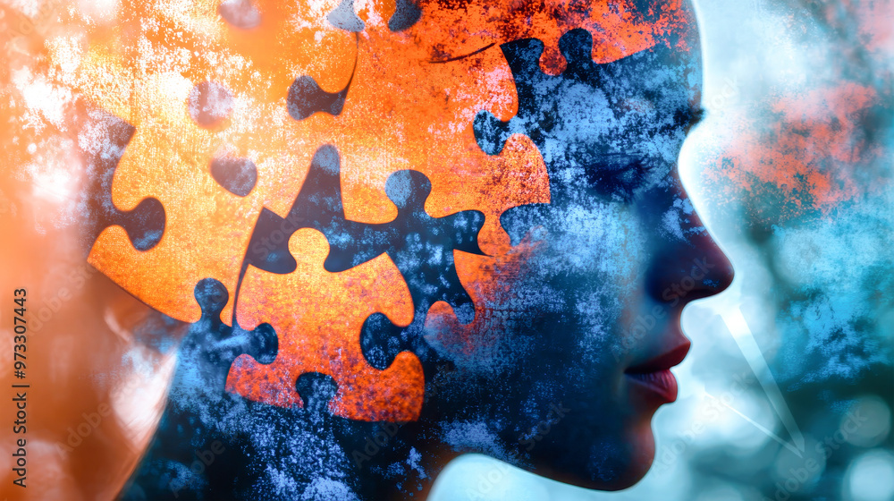 Poster the silhouette of a man melds with vibrant puzzle pieces, creating a striking abstract composition t