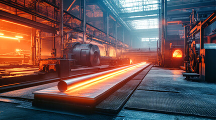 Bright red heat radiates from the steel bar, illuminating the industrial surroundings and reflecting off the metal floor in a bustling rolling mill