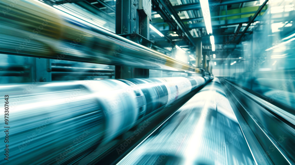 Poster newspaper rolls and printed pages swiftly navigate the intricate machinery, showcasing the dynamic e