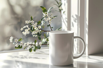 A serene scene featuring a white mug beside delicate flowers, capturing a peaceful morning ambiance with soft natural light.