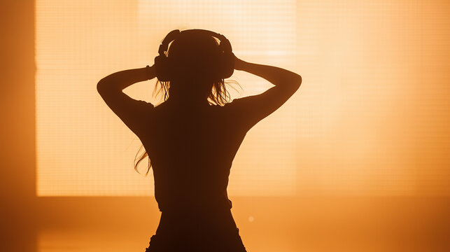 Young woman with headphones dancing against a warm orange light silhouette