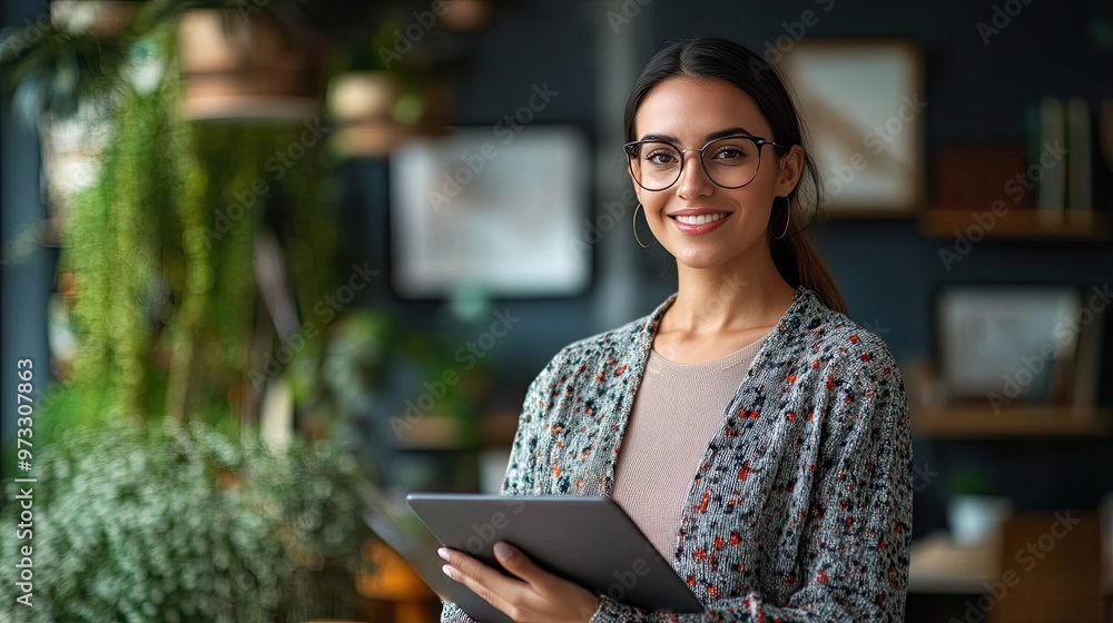 Sticker Portrait of young Hispanic professional business woman standing in office. 