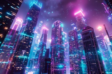 Fototapeta premium Metaverse cityscape with digital coin skyscrapers, vibrant neon lights, immersive virtual environment.