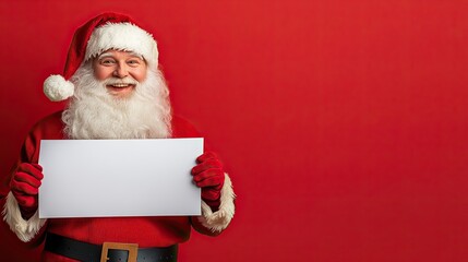 Naklejka premium Santa Claus with a blank banner in the hands, happy face expression, isolated on plain red background with copy space.