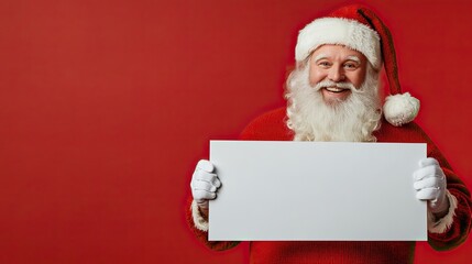 Naklejka premium Santa Claus with a blank banner in the hands, happy face expression, isolated on plain red background with copy space.