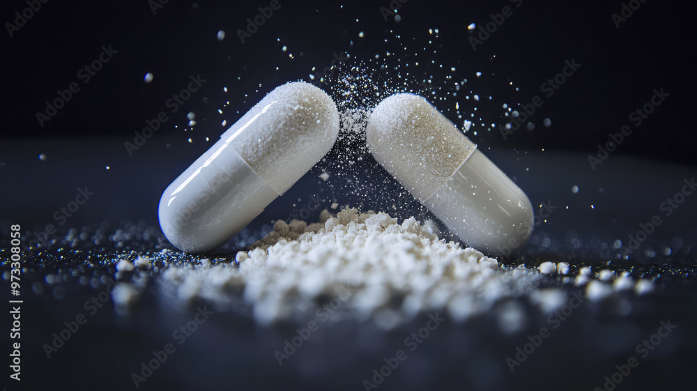 Poster close up of capsule split in half with powder spilling out, creating dynamic scene