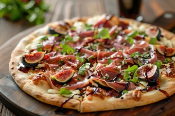 Gourmet Fig Pizza with Prosciutto, Fresh Basil, and Balsamic Glaze, Savory and Sweet Italian Pizza with Fresh Figs and Ham for Artisan Pizza Photography