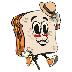 sandwich bread cartoon character mascot retro vector design carrying a stick and saluting with raised hat, work of hand drawn