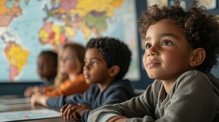 Children learning geography with maps on the blackboard, at school.