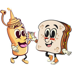 sandwich bread cartoon character mascot retro vector design giving bottle mustard a high five, work of hand drawn
