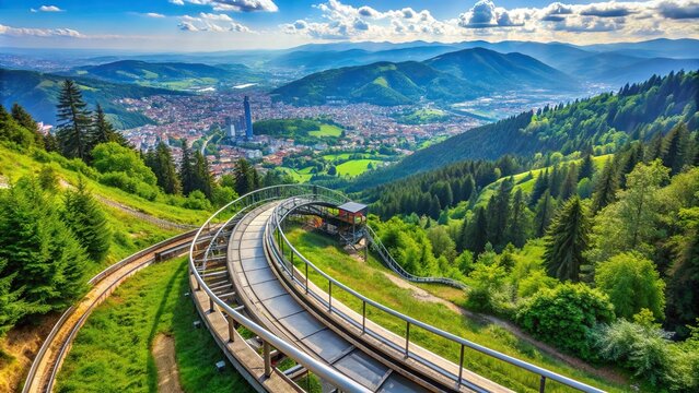 An exciting view of the alpine coaster on the asymmetrical slopes of the majestic Trebevic mountain with lush green forests and a panoramic scenery of Sarajevo city in the background