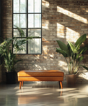 Ottoman with Leather Top and tapered wooden legs, set in a modern loft space with exposed brick walls, polished concrete floors, large potted plants