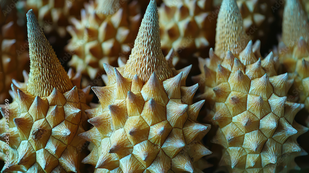Poster close up of durian spikes showing texture and sharpness, evoking curiosity