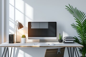 Modern  home office for teleworking with a sophisticated desk, advanced computer equipment, and ambient lighting, set against a clean, bright backdrop to create a focused, modern work area