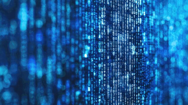 A digital display of cascading binary code on a blue background, representing data and computing.